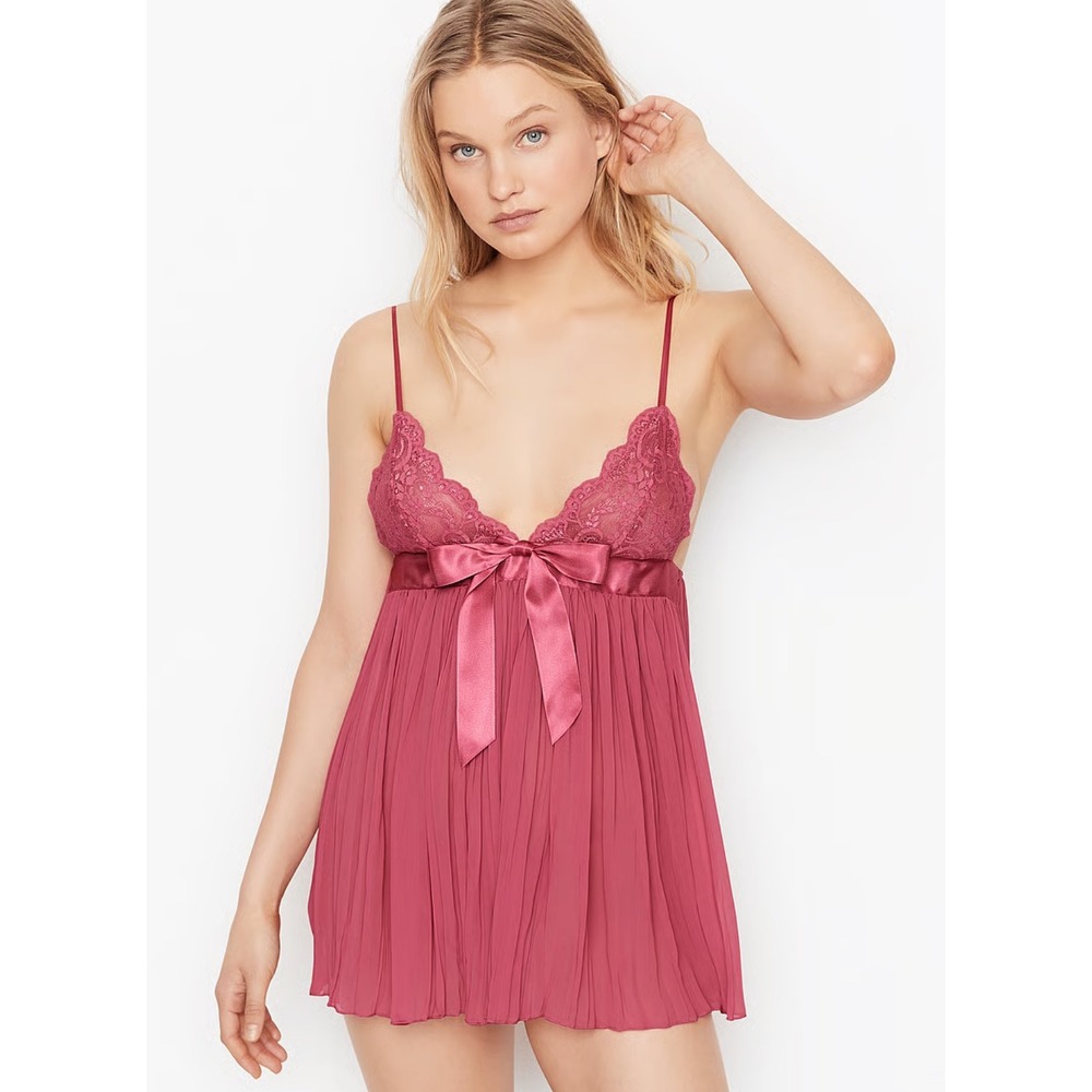 Victoria's Secret Pleated Babydoll Lingerie Lace Trim Ribbon Bow Maroon Size‎ M